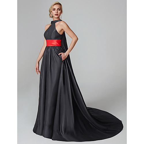 

Ball Gown Celebrity Style Holiday Cocktail Party Formal Evening Dress Halter Neck Sleeveless Court Train Satin with Sash / Ribbon Pleats Tassel 2021