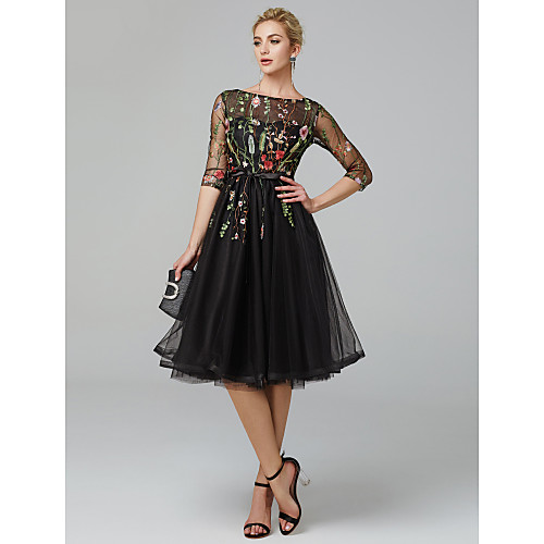 

A-Line Floral Cocktail Party Prom Valentine's Day Dress Illusion Neck Long Sleeve Knee Length Tulle with Embroidery Appliques 2021