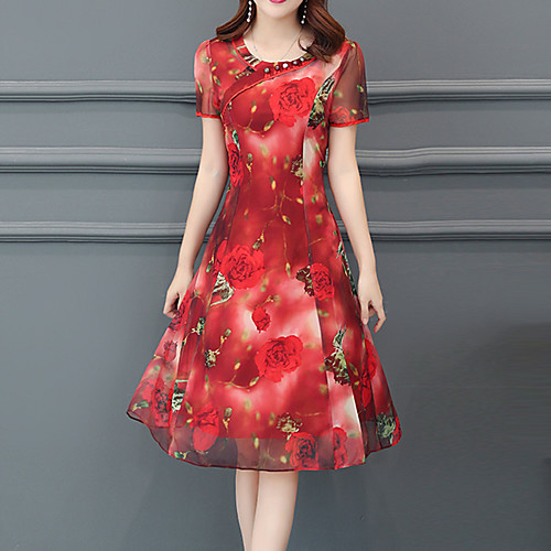 

Women's Sheath Dress Knee Length Dress Wine Red Short Sleeve Red Floral Print Summer Round Neck Sophisticated Going out Slim XL XXL 3XL 4XL 5XL / Plus Size / Plus Size