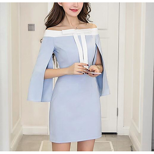 

Women's A Line Dress Short Mini Dress Black Light Blue 3/4 Length Sleeve Color Block Print Spring Boat Neck Basic Off Shoulder S M L XL XXL