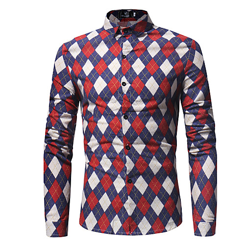 

Men's Shirt Color Block Geometric Print Tops Cotton Red Green