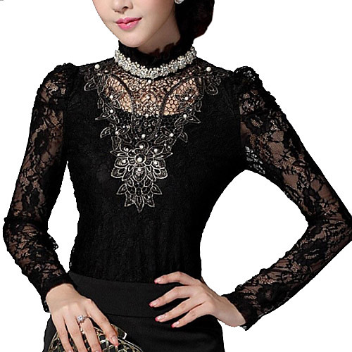 

Women's Blouse Jacquard Beaded Lace Long Sleeve Going out Tops Black