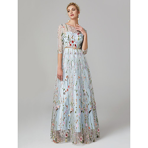 

A-Line Elegant Floral Holiday Formal Evening Valentine's Day Dress Illusion Neck 3/4 Length Sleeve Floor Length Lace Tulle with Embroidery 2021 / Illusion Sleeve