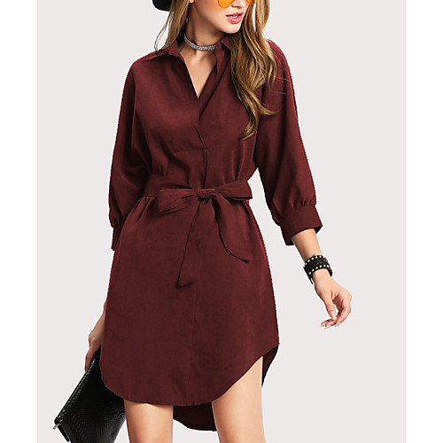 

Women's Sheath Dress Short Mini Dress Blushing Pink Wine Army Green Camel Khaki 3/4 Length Sleeve Dusty Rose Solid Colored Bow Summer Shirt Collar Streetwear Slim S M L XL XXL