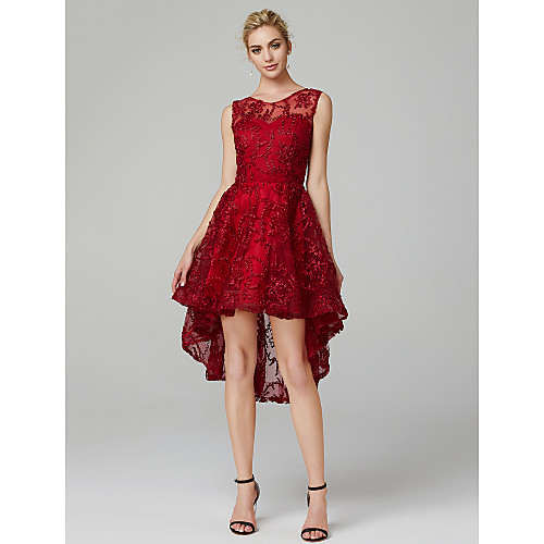 

A-Line Hot Cocktail Party Prom Valentine's Day Dress Illusion Neck Sleeveless Asymmetrical Tulle with Appliques 2021