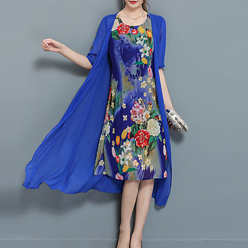 

Women's Chiffon Dress Midi Dress Blue Black Short Sleeve Blue Floral Print Summer Round Neck Going out M L XL XXL 3XL 4XL / Plus Size / Plus Size