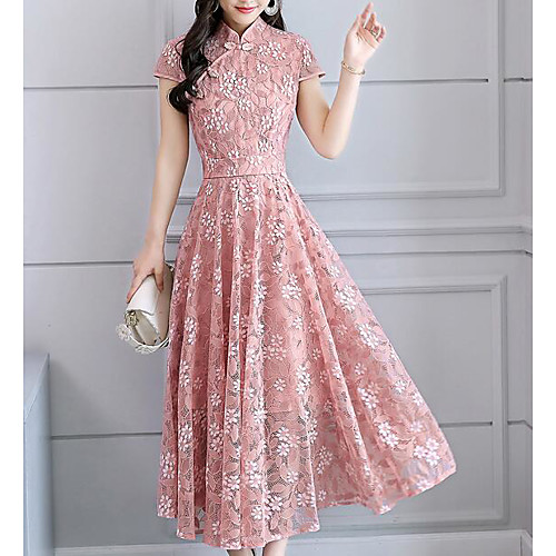 

Women's Swing Dress Midi Dress Blushing Pink Light gray Black Brown Short Sleeve Dusty Rose Floral Print Summer Stand Collar Going out S M L XL XXL 3XL