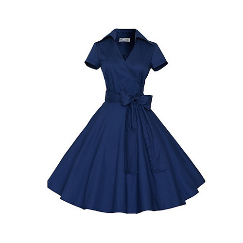 

Women's A Line Dress Knee Length Dress Black Red Navy Blue Short Sleeve Blue Solid Colored Spring Summer V Neck 1950s Vintage Loose Bow S M L XL XXL / Sexy