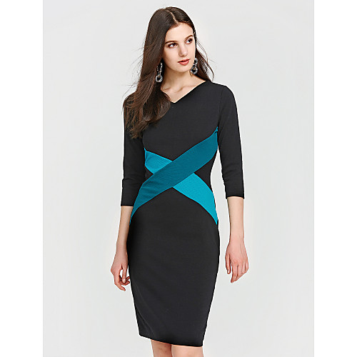

Women's Bodycon Knee Length Dress Navy Blue Khaki Black Patchwork Color Block Fall Spring V Neck Work Slim S M L XL XXL 3XL / Cotton / Plus Size / Plus Size / Cotton