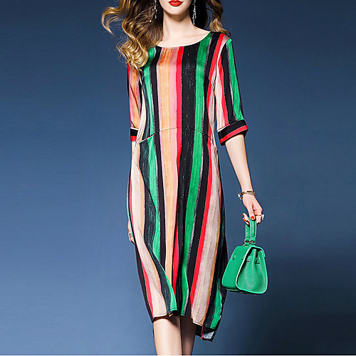 

Women's Loose Knee Length Dress Rainbow Half Sleeve Striped Print Summer Round Neck Streetwear Sophisticated Going out Loose S M L XL XXL