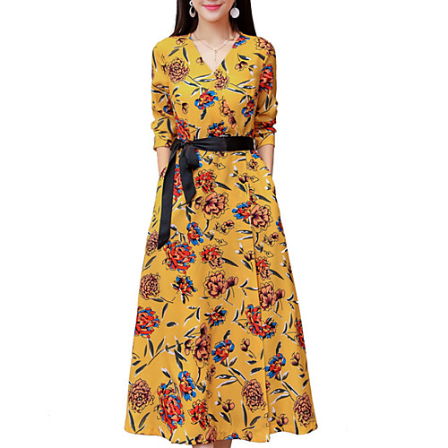 

Women's Swing Dress Maxi long Dress Yellow Long Sleeve Solid Colored Spring Deep V Going out Slim M L XL XXL 3XL / Plus Size / High Waist / Plus Size / Sexy