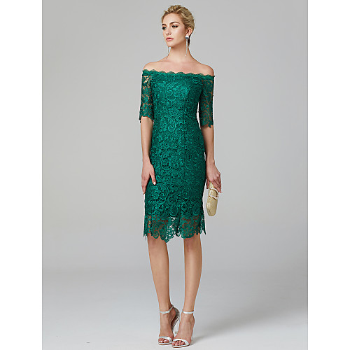 

Sheath / Column Minimalist Wedding Guest Cocktail Party Dress Off Shoulder Half Sleeve Knee Length Lace Over Satin with Lace Insert 2021