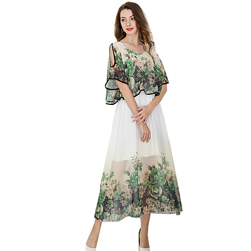 

Women's Swing Dress Midi Dress Green Half Sleeve Floral Summer U Neck S M L XL XXL 3XL / Plus Size / Plus Size