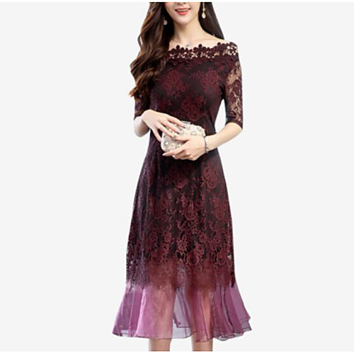 

Women's A Line Dress Midi Dress Wine Lavender Half Sleeve Dusty Rose Solid Colored Lace Summer Boat Neck Ruffle S M L XL XXL