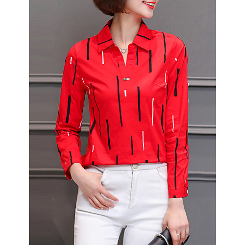 

Women's Shirt Striped Long Sleeve Holiday Tops Cotton Active Sophisticated White Red Yellow