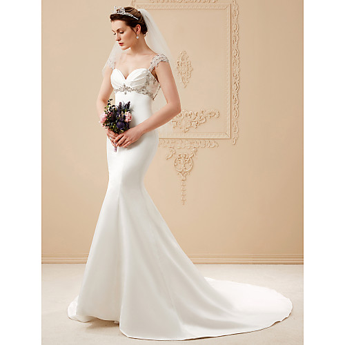 

Mermaid / Trumpet Wedding Dresses Sweetheart Neckline Sweep / Brush Train Satin Charmeuse Cap Sleeve Open Back with Criss Cross Appliques 2021