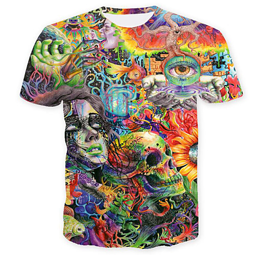 

Men's T shirt Graphic Skull Rainbow Plus Size Print Short Sleeve Daily Tops Skull Basic Green