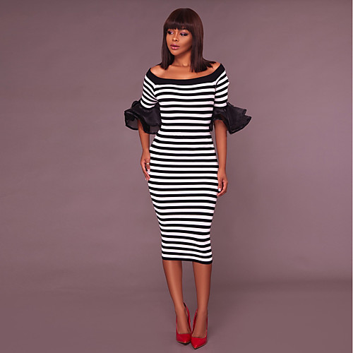 

Women's Bodycon Midi Dress White Short Sleeve Striped Ruffle Spring Summer Boat Neck Streetwear Party Slim Off Shoulder S M L XL / Cotton / Sexy / Cotton