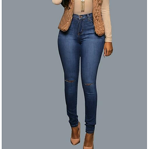 

Women's Basic Daily Slim Jeans Pants - Solid Colored Hole Blue S / M / L