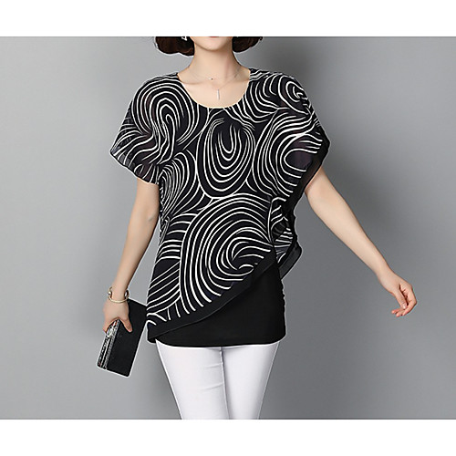 

Women's Blouse Geometric Patchwork Print Short Sleeve Daily Tops Basic Black Blue