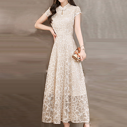 

Women's Swing Dress Maxi long Dress Yellow Blushing Pink Camel Red Short Sleeve Dusty Rose Solid Colored Lace Summer Stand Collar Going out Lace S M L XL XXL 3XL / Plus Size / Plus Size