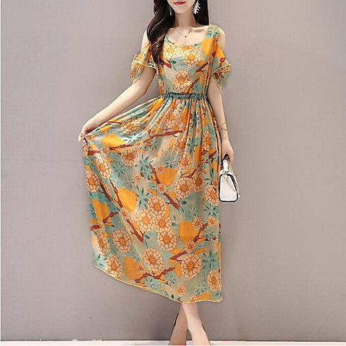 

Women's A Line Dress Maxi long Dress Blue Yellow Red Sleeveless Floral Print Summer Round Neck Basic Flare Cuff Sleeve Slim S M L XL XXL