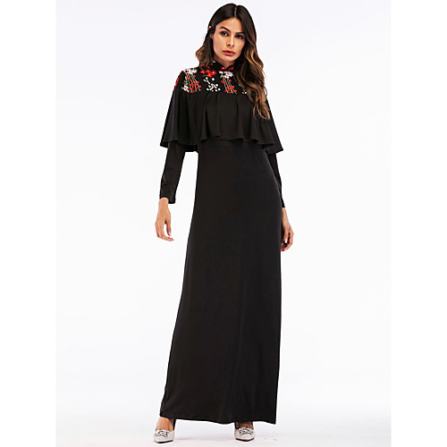 

Women's Sheath Dress Maxi long Dress Black Long Sleeve Solid Colored Embroidered Spring Summer Stand Collar Basic Boho Party Slim M L XL XXL