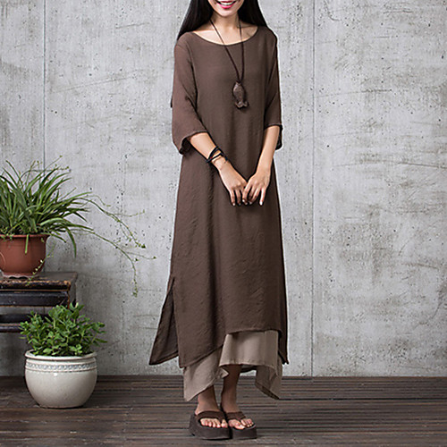 

Women's Loose Maxi long Dress Army Green Dark Gray Orange Half Sleeve Solid Colored Summer Round Neck Chinoiserie Loose M L XL XXL