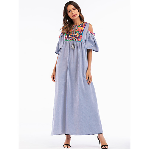 

Women's Shift Dress Maxi long Dress Blue Short Sleeve Striped Embroidered Spring Summer Round Neck Basic Boho Party Loose Embroidery M L XL XXL / Cotton / Cotton