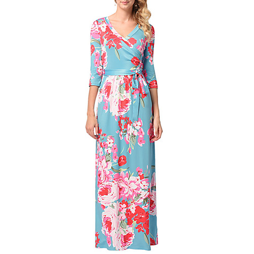 

Women's Shift Dress Maxi long Dress Royal Blue Light Blue Half Sleeve Floral Print Summer V Neck Holiday S M L XL XXL