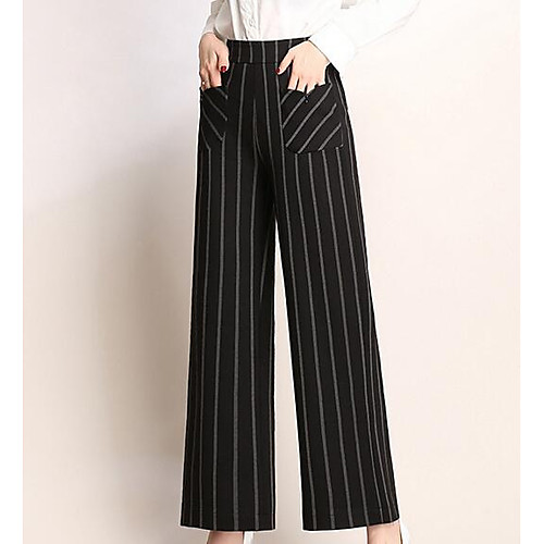 

Women's Basic Plus Size Cotton Slim Daily Wide Leg Pants Striped High Waist White Red Rainbow