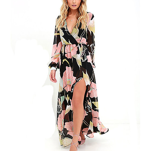 

Women's Sheath Dress Maxi long Dress Black Long Sleeve Floral Fall Summer V Neck Streetwear Punk & Gothic Going out Work Slim Floral S M L XL XXL 3XL / Plus Size / Plus Size / Sexy