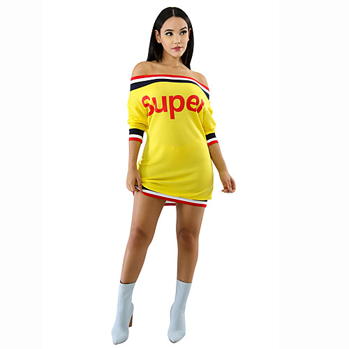 

Women's Shift Dress Short Mini Dress Yellow Gray White Long Sleeve Color Block Summer Boat Neck Streetwear Club Off Shoulder S M L XL / Sexy