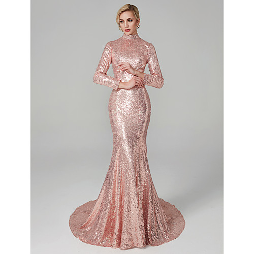 

Mermaid / Trumpet Chinese Style Sparkle & Shine Open Back Holiday Cocktail Party Formal Evening Dress High Neck Long Sleeve Court Train Sequined with Sequin 2021