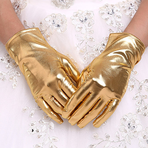 

Faux Leather Wrist Length Glove Bridal Gloves With Faux Pearl