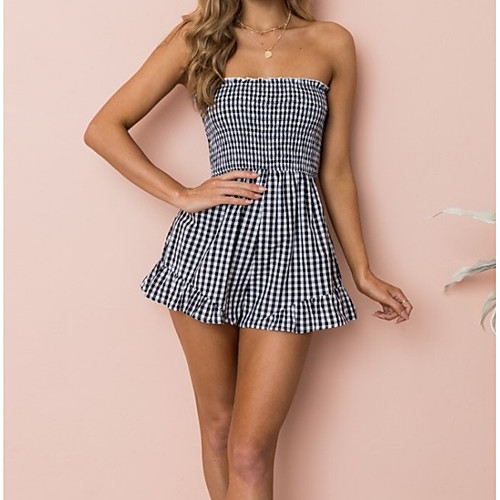 

Women's Basic Daily Beach Off Shoulder Plaid Black Blue Romper Color Block Check Backless Cotton
