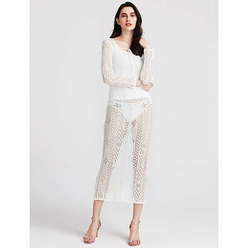 

Women's Bodycon Maxi long Dress White Long Sleeve White Solid Colored Cut Out Lace Fall Spring Deep V Going out Club Sheer S M L XL