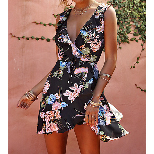 

Women's Sheath Dress Short Mini Dress Black Red Light Green Sleeveless Floral Print Summer Deep V Sophisticated Going out Club Slim Ruffle S M L XL