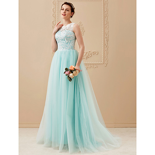 

Ball Gown Sparkle & Shine Formal Evening Dress Illusion Neck Sleeveless Sweep / Brush Train Tulle with Lace Pleats Beading 2020