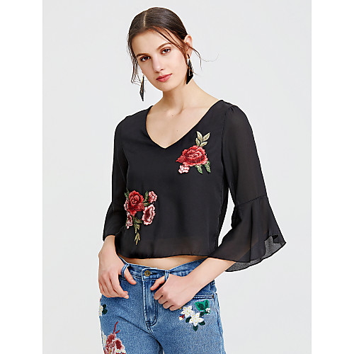 

Women's Embroidered Blouse - Cotton Daily Weekend V Neck White / Black / Sexy
