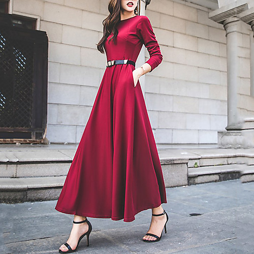 

Women's Swing Dress Maxi long Dress Wine Black Long Sleeve Solid Colored Round Neck Streetwear Party Going out Loose S M L XL XXL / High Waist