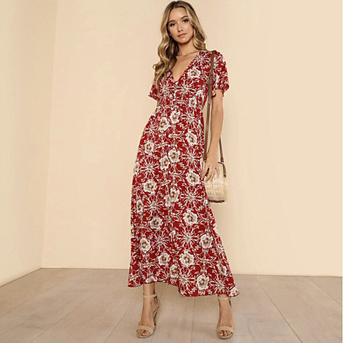 

Women's Chiffon Dress Maxi long Dress Red Short Sleeve Floral Geometric Print Spring Summer V Neck Deep V Streetwear Going out Slim Floral S M L XL / Cotton / Sexy / Cotton