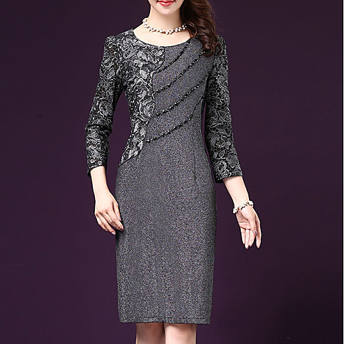 

Women's Sheath Dress Knee Length Dress Gray 3/4 Length Sleeve Solid Colored Fall Winter Round Neck M L XL XXL 3XL 4XL 5XL / Plus Size / Plus Size