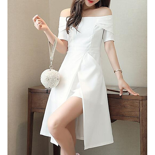 

Women's Sheath Dress Knee Length Dress White Short Sleeve Solid Colored Summer Boat Neck Slim Off Shoulder S M L XL / Cotton / High Waist / Cotton