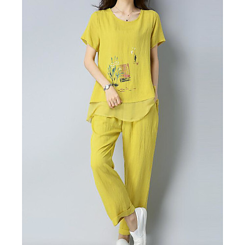 

Women's Basic Floral Plus Size Daily Two Piece Set Set Pant Print Tops