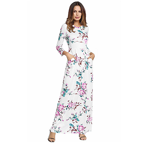

Women's Sheath Dress Maxi long Dress Royal Blue White Black 3/4 Length Sleeve Floral Summer Round Neck Slim Floral S M L XL XXL / Cotton / High Waist / Cotton