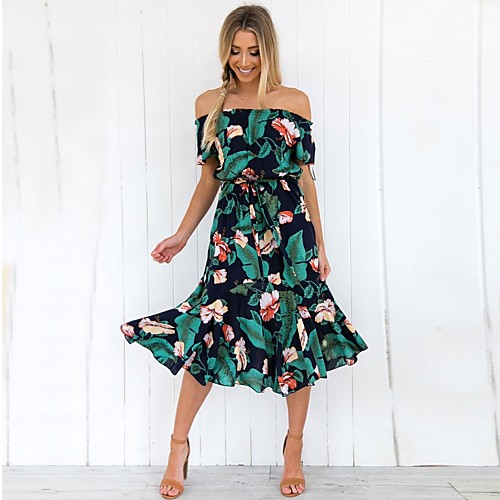 

Women's Chiffon Dress Midi Dress Green Short Sleeve Floral Geometric Print Spring Summer Boat Neck Streetwear Party Slim Off Shoulder S M L XL / Cotton / Sexy / Cotton