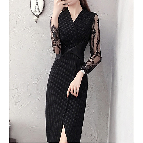 

Women's Bodycon Knee Length Dress Black Long Sleeve Black Solid Colored Color Block Lace Summer V Neck Streetwear Going out Slim S M L XL XXL / Sexy