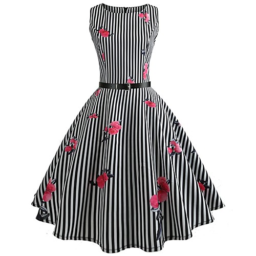 

Women's Swing Dress Black Sleeveless Floral Print Spring Summer Round Neck Vintage Going out Slim Striped S M L XL XXL / Cotton / Cotton