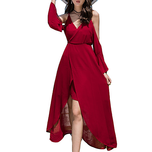 

Women's Sheath Dress Knee Length Dress Wine Long Sleeve Solid Colored Summer V Neck Off Shoulder Holiday Slim S M L